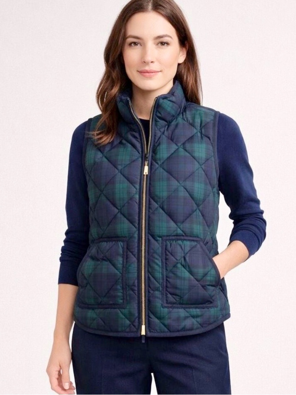 J.Crew Excursion Puffer Vest XS Blackwatch Plaid Navy Green Down Quilted 02533